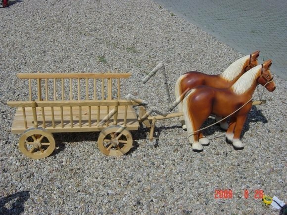 Decorative figure of 2-horses with wooden carriage statue 200cm length