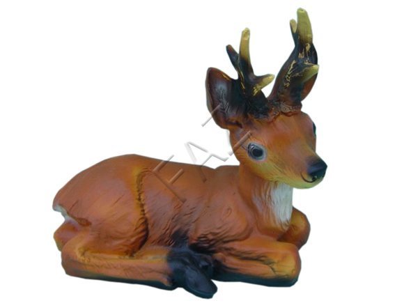 Decorative sculpture designed as an original colored motley brown lying fawn with horns 30x30cm c443