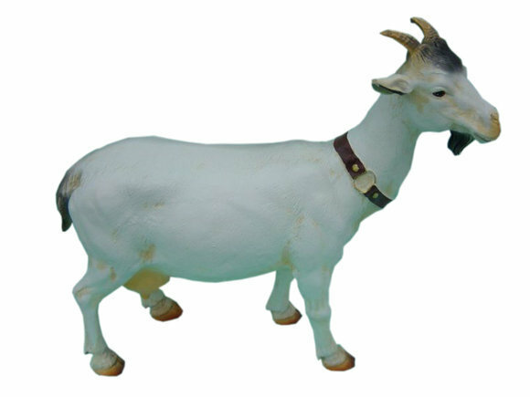 Decorative sculpture designed as white colored standing old goat with a goatee