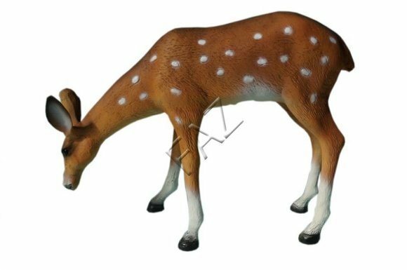 Decorative sculpture designed as motley light brown white colored eating deer