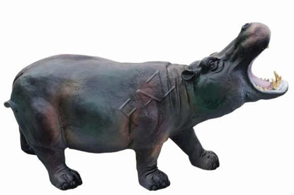 Dark motley black colored decorative garden sculpture designed as a shouting hippo 65x110cm