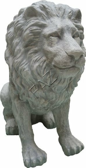 Dark grey colored decorative garden sculpture designed as a sitting lion 70x65cm