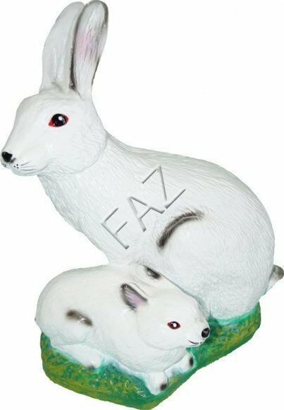 Full white colored decorative garden sculpture of rabbit & bunny on a grass 30x22cm c648