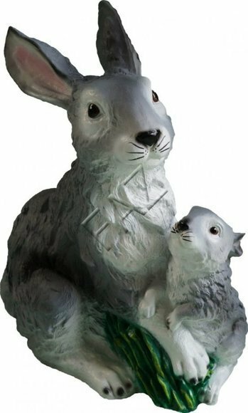 Dark silver colored decorative sculpture of rabbit & bunny on a grass 40x31cm c650