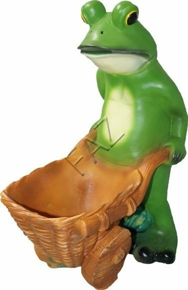 Matte green colored decorative frog sculpture with a wheelbarrow 36cm height c652