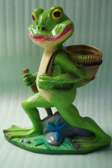 Walking green gloss frog with cane & a bowl decorative sculpture 49x38x13cm