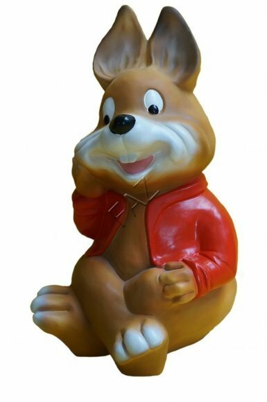 Sitting dark brown colored decorative sculpture of bunny in red shirt 47x32cm