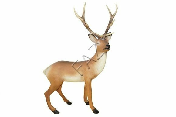 Decorative sculpture designed as bright light motley colored deer with massive horns