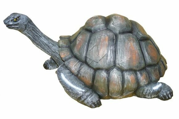 Decorative garden sculpture designed as dark grey colored turtle with long neck 45x90x56cm