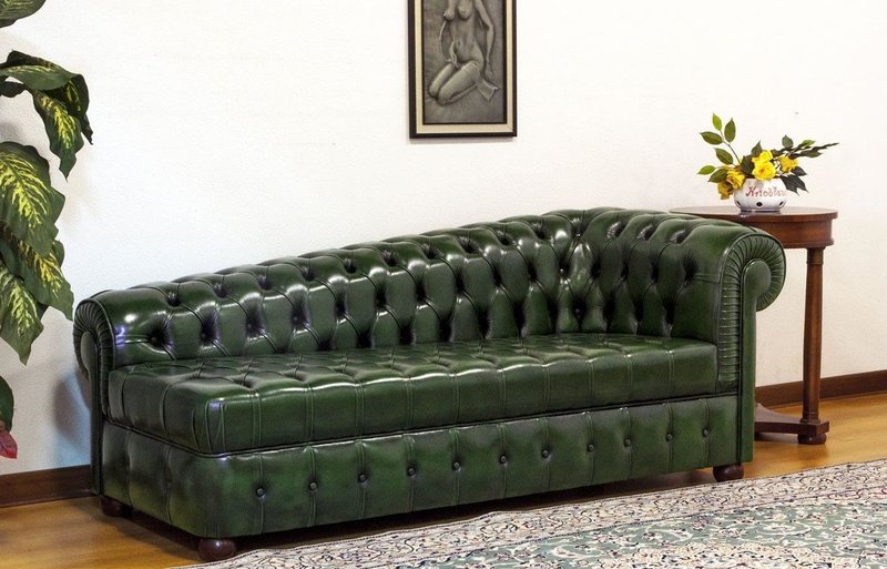 Chesterfield Chaise Longue Sofa Classic New 220 cm Green Leather Upholstered