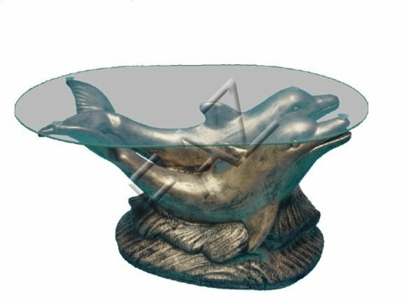 Glass oval coffee table with a golden two dolphins sculpture 46cm