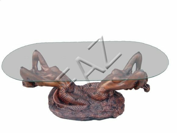 Oval glass coffee table with two bronze semi-naked mermaids sculpture 45x60x125cm