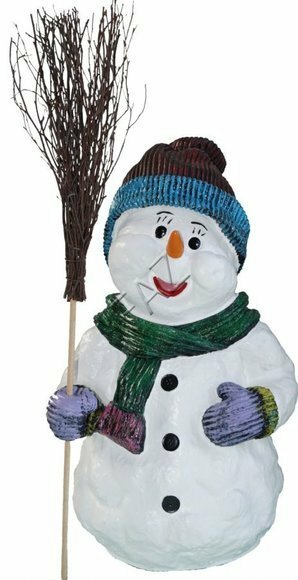 Decorative christmas sculpture designed as white snowman kid with a broom 62x36cm