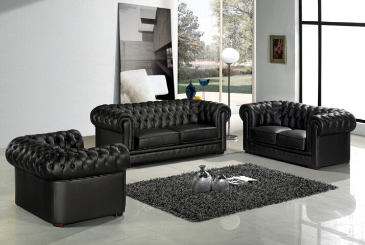 Designer Chesterfield sofa set leather 3+2+1 leather fabric couch upholstery sofa Black New