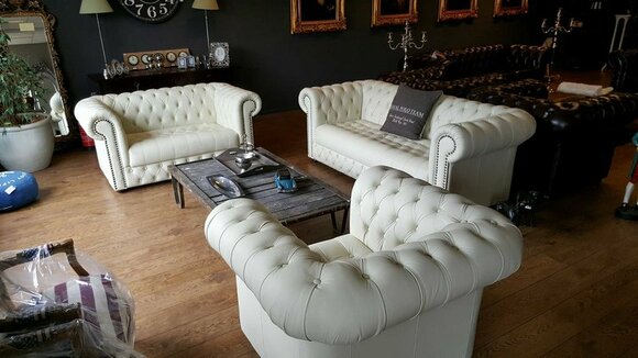 Chesterfield Sofa Set 3+2+1 Seaters White Upholstery Italian Cowhide Leather %100 Genuine Couches Set