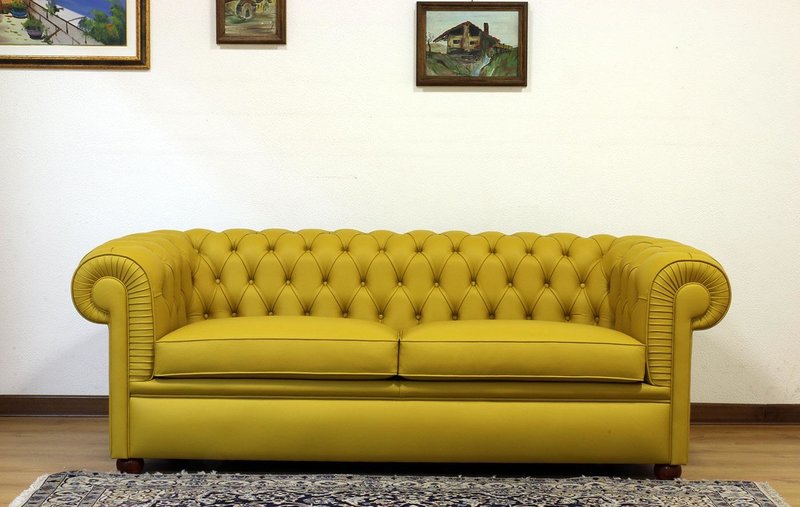 Chesterfield Sofa 3-Seater Yellow Comfortable Sofa For Living Room New Couch With Cushions Leather