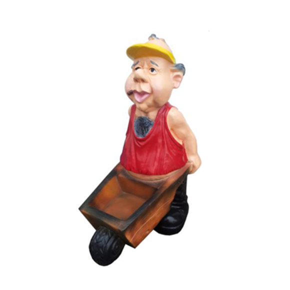 Decorative sculpture designed as a gardener in red t-shirt carrying a rectangular wheelbarrow 79cm K60