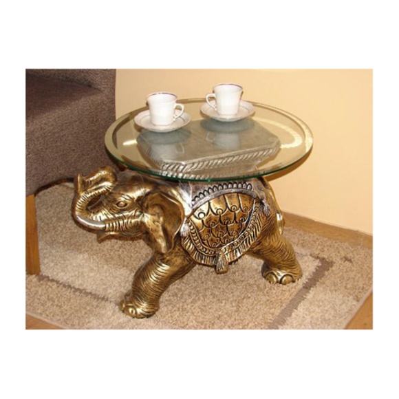 Round glass coffee table decorated with golden elephant figure 45cm