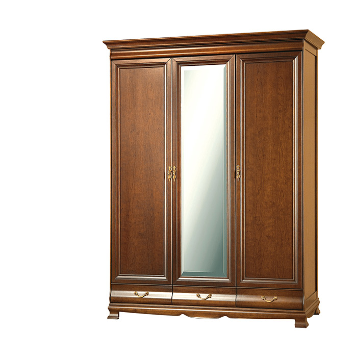 Bedroom classic wooden wardrobe with a mirror, 3-swing doors & 3-sliding drawers - Model N-3D