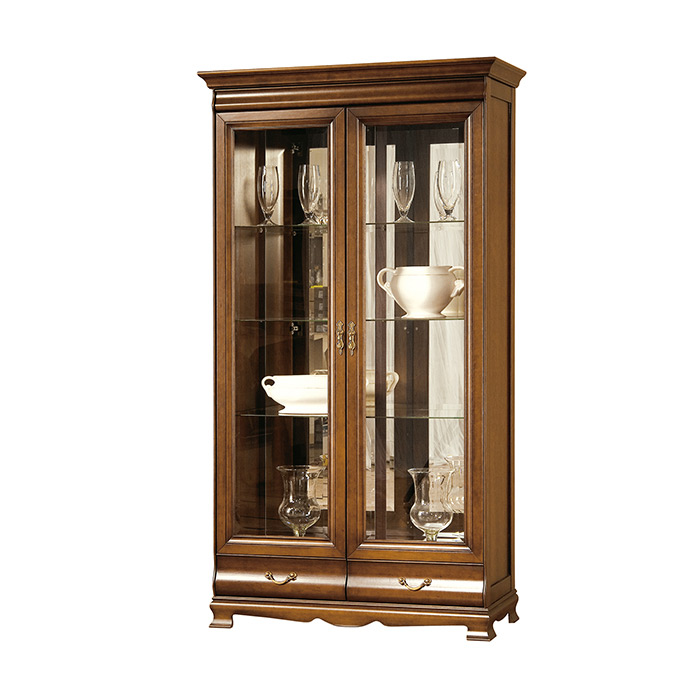 Living room classic wooden massive showcase with 2-glass swing doors & 2-sliding drawers - Model N-W2