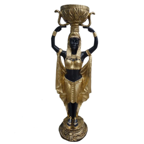 Ancient egyptian decorative sculpture designed as black golden colored figure with a bowl 130cm