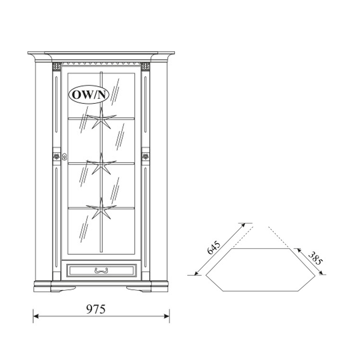 Living room classic wooden showcase with a glass swing door & a sliding drawer model - OW-N