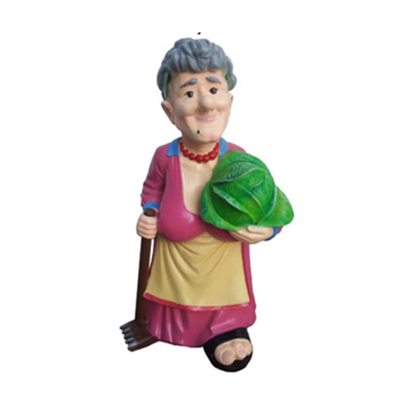 Decorative sculpture designed as grandmother gardener with rake & cabbage 87cm P100