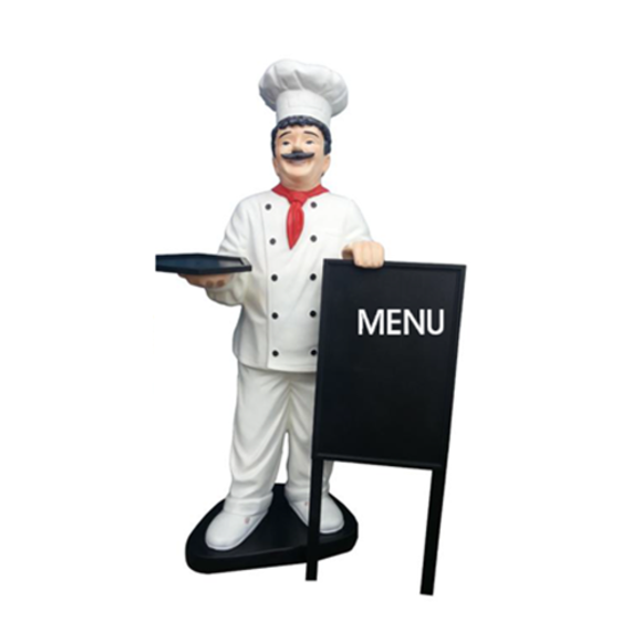 Decorative commercial exhibitor designed as chef figure with menu desk