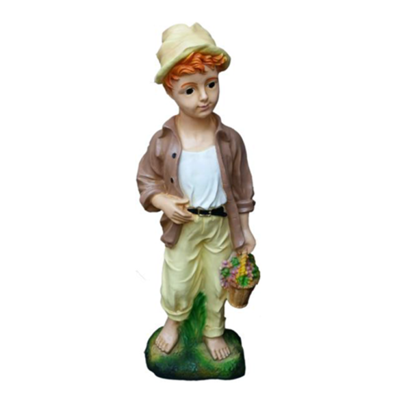 Colorful decorative figure designed as a barefoot boy with a basket of flowers 76cm P115