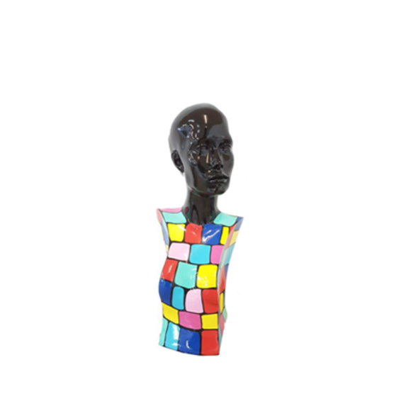 Abstract decorative figure designed as a gloss black bust in square colorful patterns 58x28cm