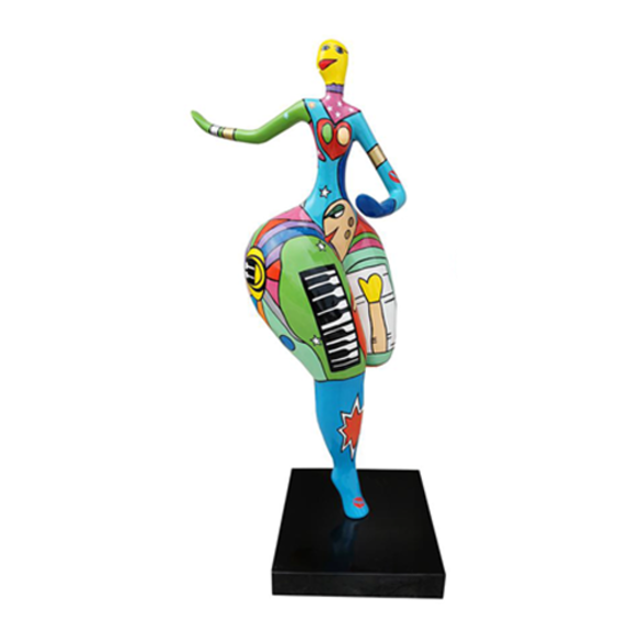 Modern style abstract decorative sculpture designed as a gymnastic figure with colorful pictures on a black stand 130cm