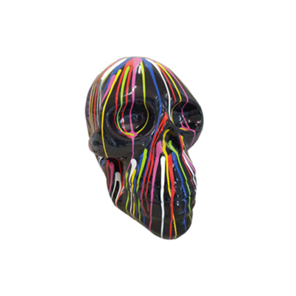 Abstract decorative sculpture designed as a black gloss monkey skull in colorful stripes 66cm