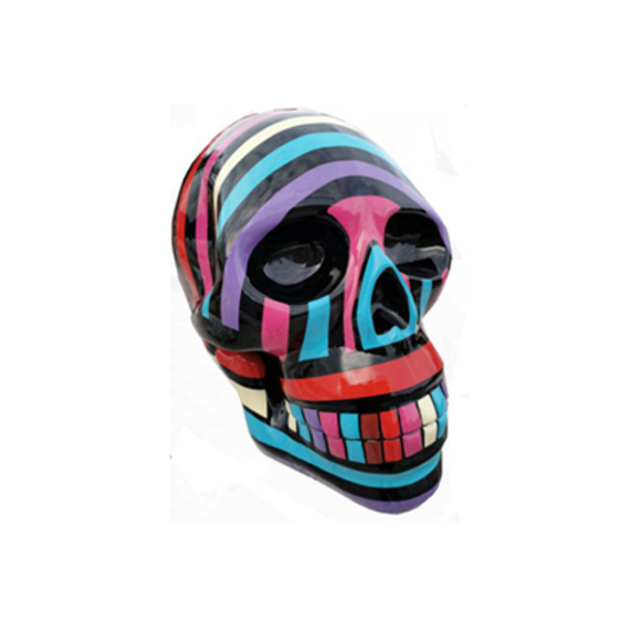 Abstract decorative sculpture designed as a black gloss skull in colorful stripes 66cm