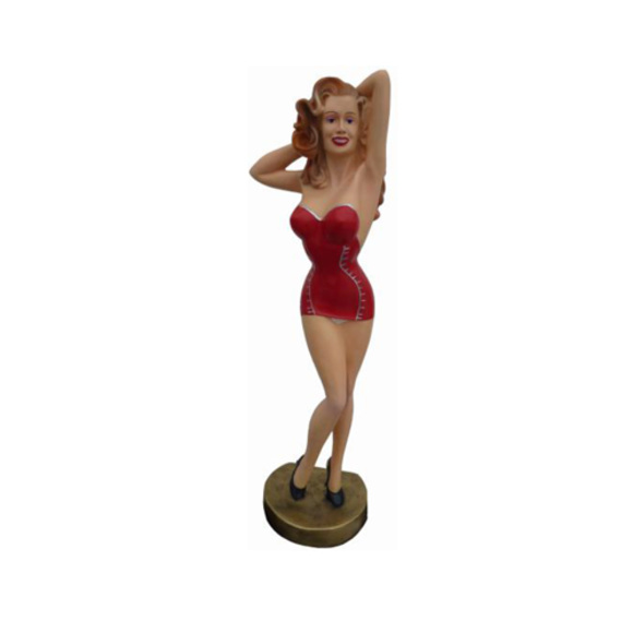 Decorative sculpture designed as blond woman dancer in red colored dress 86cm