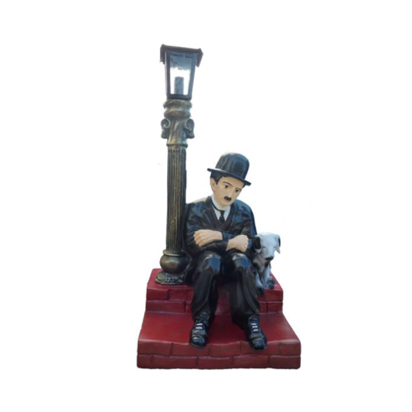 Lighting figure designed as a sitting on a steps charlie chaplin with a dog near to lamp post 70cm P3