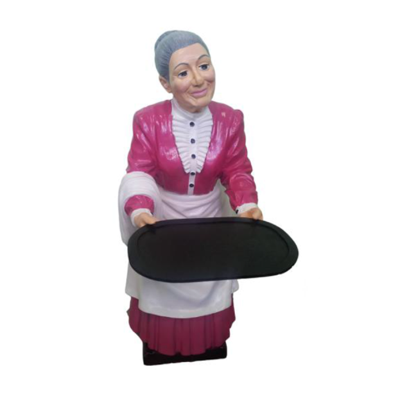 Gastronomy decor figure designed as a grandmother waiter with a tray 90cm