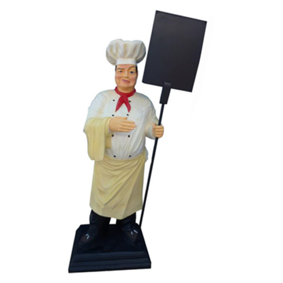 Decorative restaurant sculpture designed as chef with menu board figure 190cm height