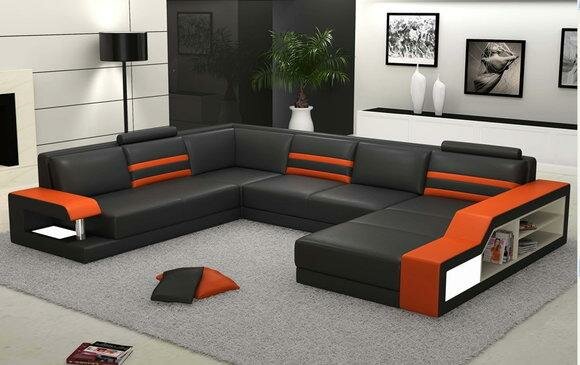 Corner Sofa Couch Upholstery Leather Set Living Room Corner Living Orange