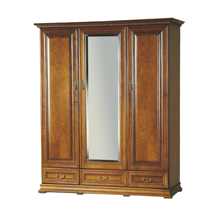 Bedroom classic wooden wardrobe wiith a mirror, 3-swing doors & 3-sliding drawers - Model R-3D