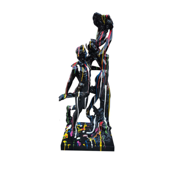 Decorative abstract gloss sculpture designed as woman & man in colorful stripes 130cm