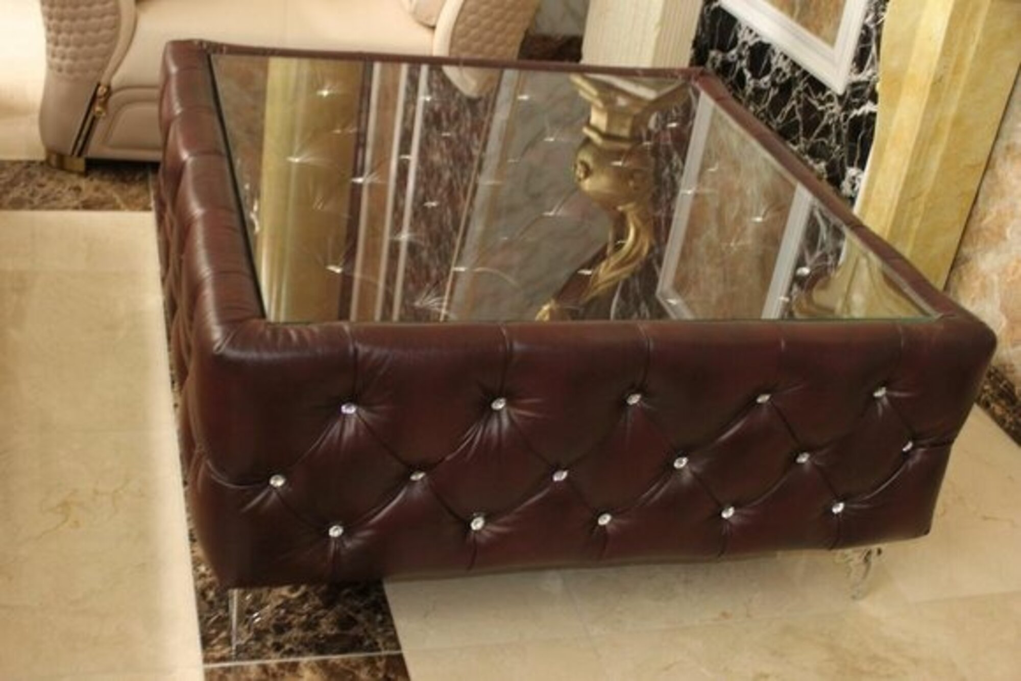 Coffee table Chesterfield genuine leather table crystal stones tables glass table immediately