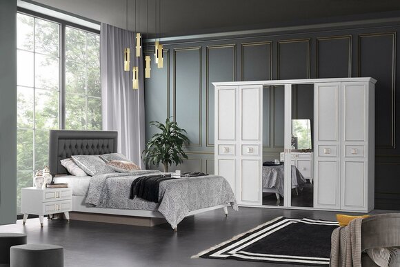 Set double bed bed bedside tables white bedroom 4-piece wardrobe