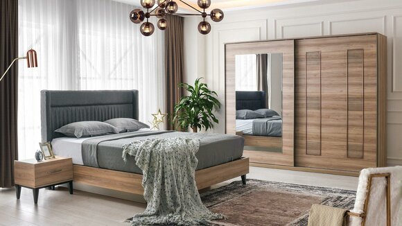 Complete bedroom double bed bedside tables brown bed 4-piece wardrobe