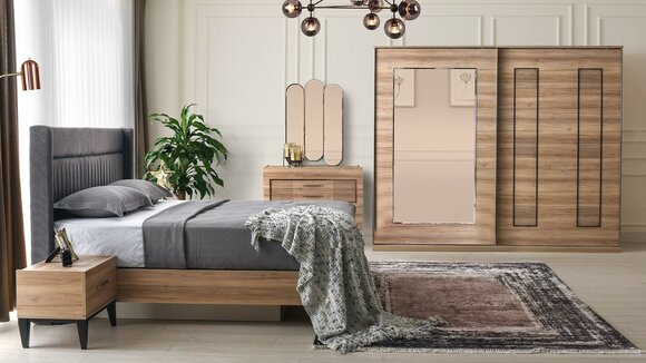 Complete bedroom furniture double bed bedside tables brown set 6pc bed