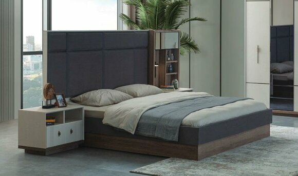 Grey bedroom bed designer set double bed 2x bedside tables