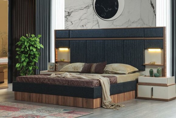 Modern bedroom set double bed wood bedside tables textile bed