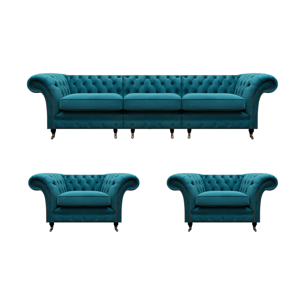 Luxury Blue Designer Complete Textile Chesterfield Living Room Upholstered Furniture