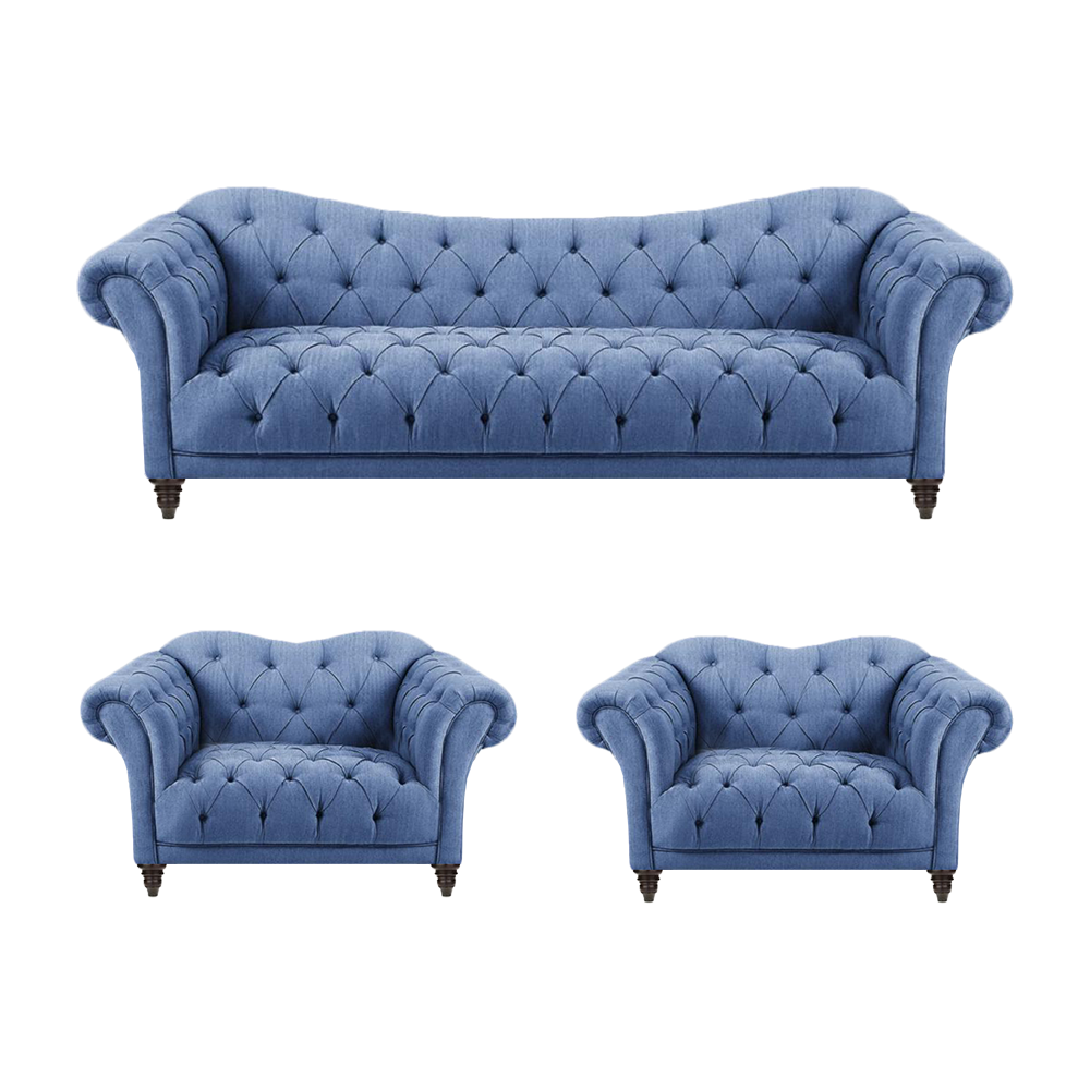 Modern living room complete blue sofa couch three-seater 2x armchair furnishings