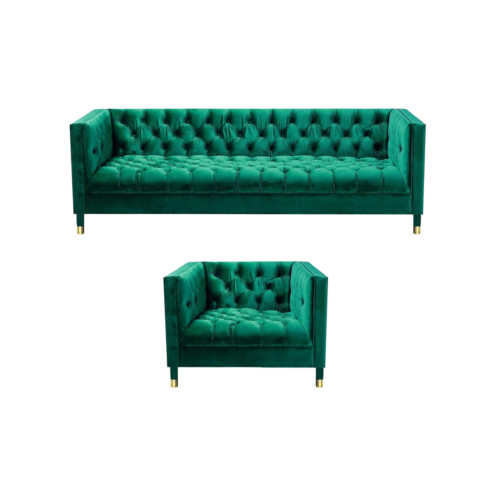 Settee Sofa Set 2pcs Green Chesterfield Luxury Modern Upholstered Furniture Furnishing