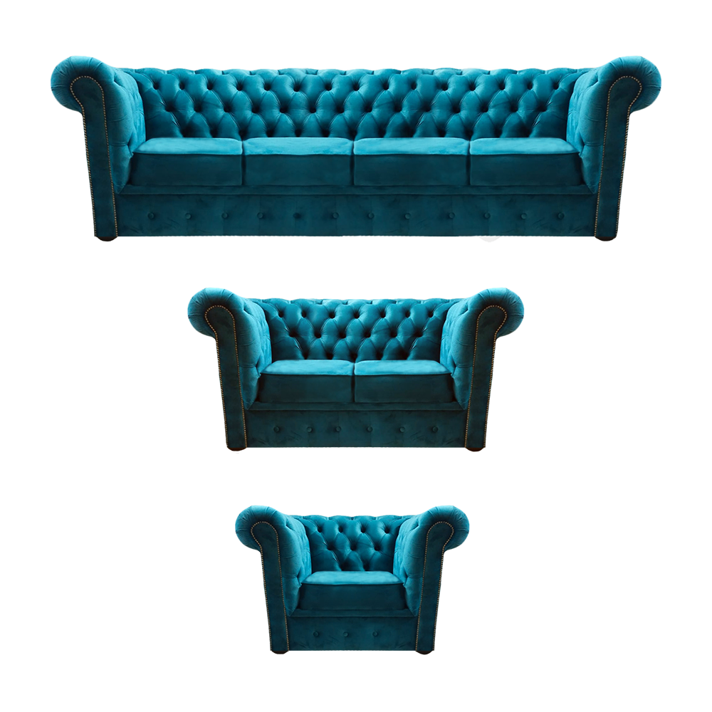 Blue New Sofa Set 3pcs Modern Textile Chesterfield Living Room Complete